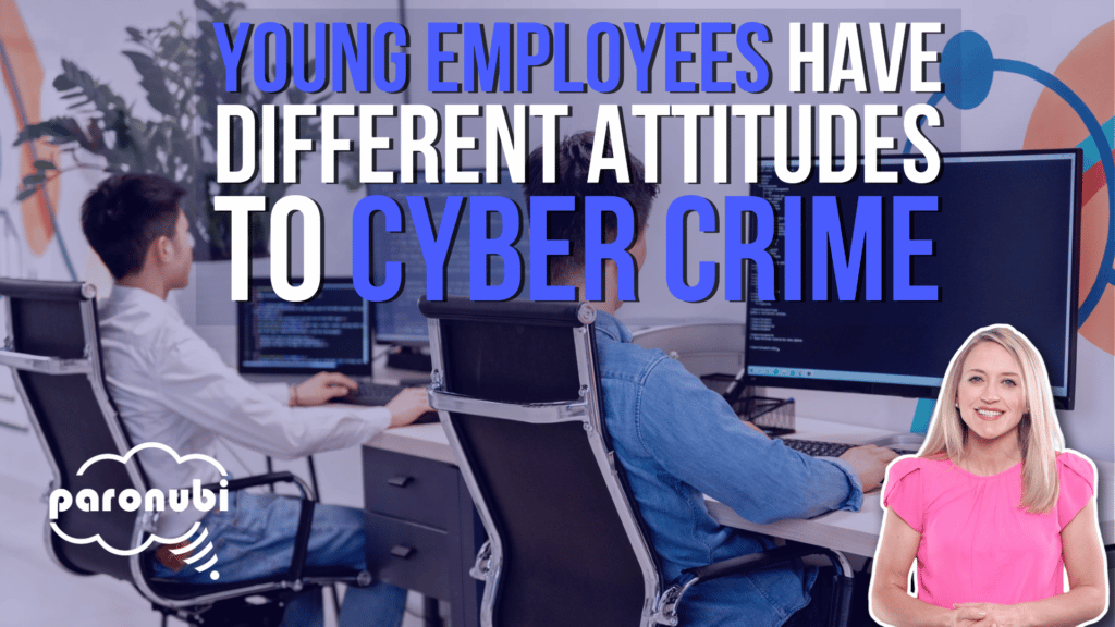 two men sitting in front of computers with the words young employees have different attitude to cyber crime