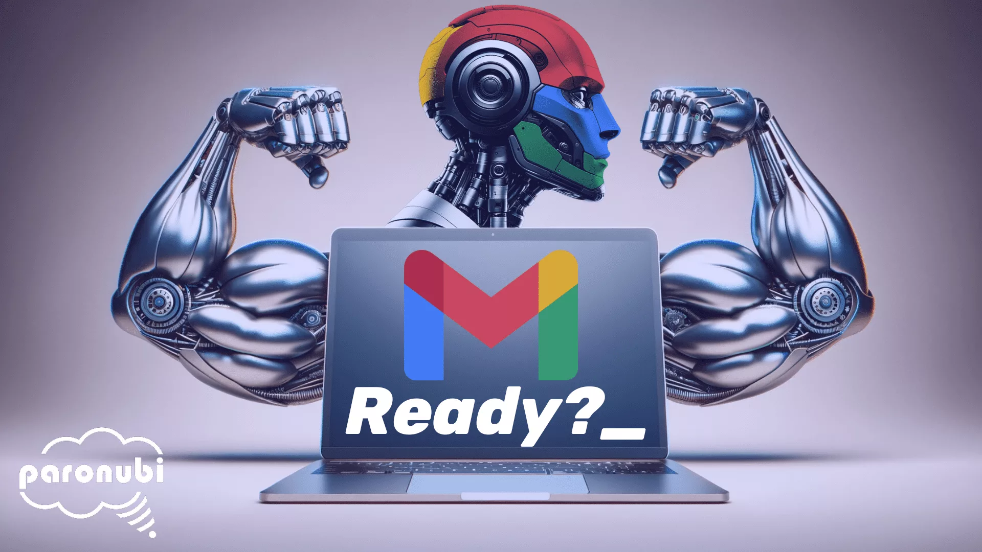 A Retvec robot holding a laptop with the words ready?.